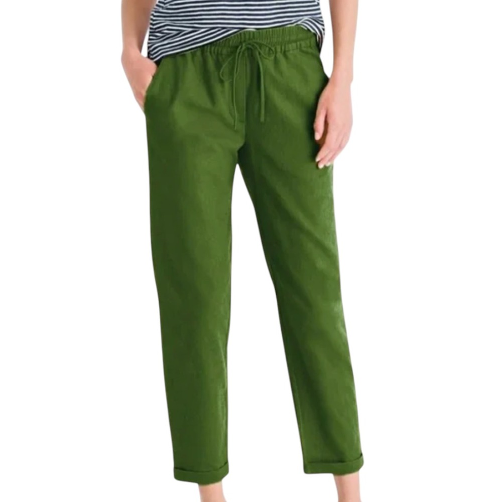 J CREW Utility Pull-On Pants GREEN LINEN/COTTON Tapered Leg Pockets Canvas 10